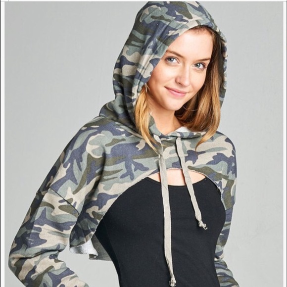 🛍LAST 1 Camouflage Green Cropped Hoodie 1817 - Picture 5 of 7